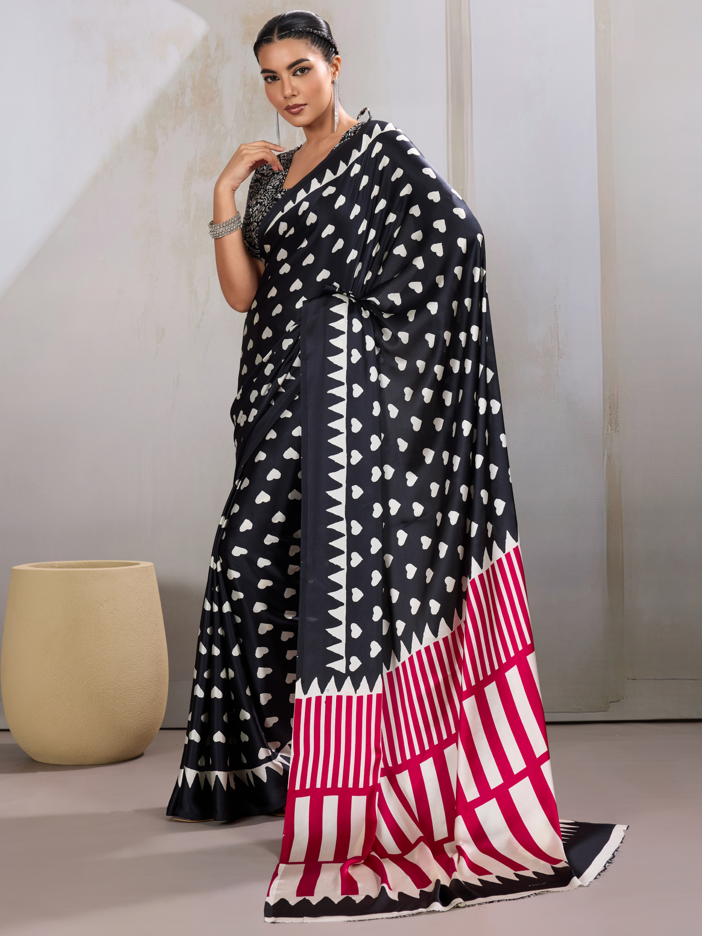 Ink Black Printed Satin Silk Saree