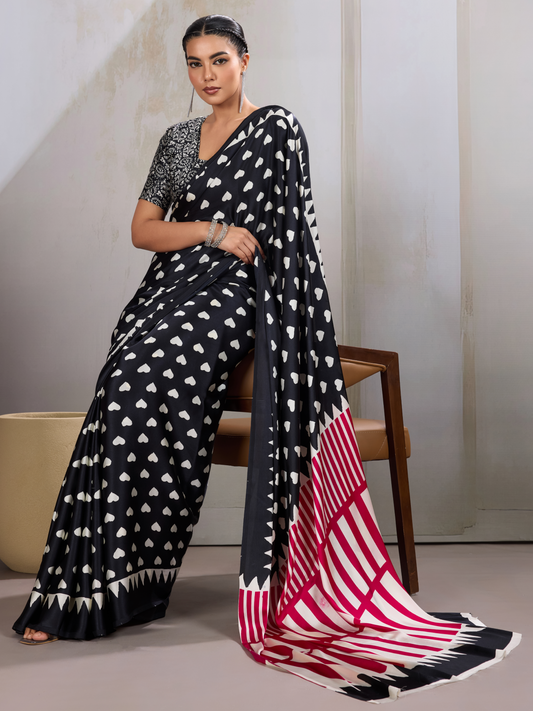 Ink Black Printed Satin Silk Saree