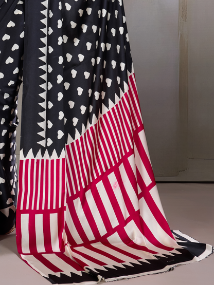 Ink Black Printed Satin Silk Saree