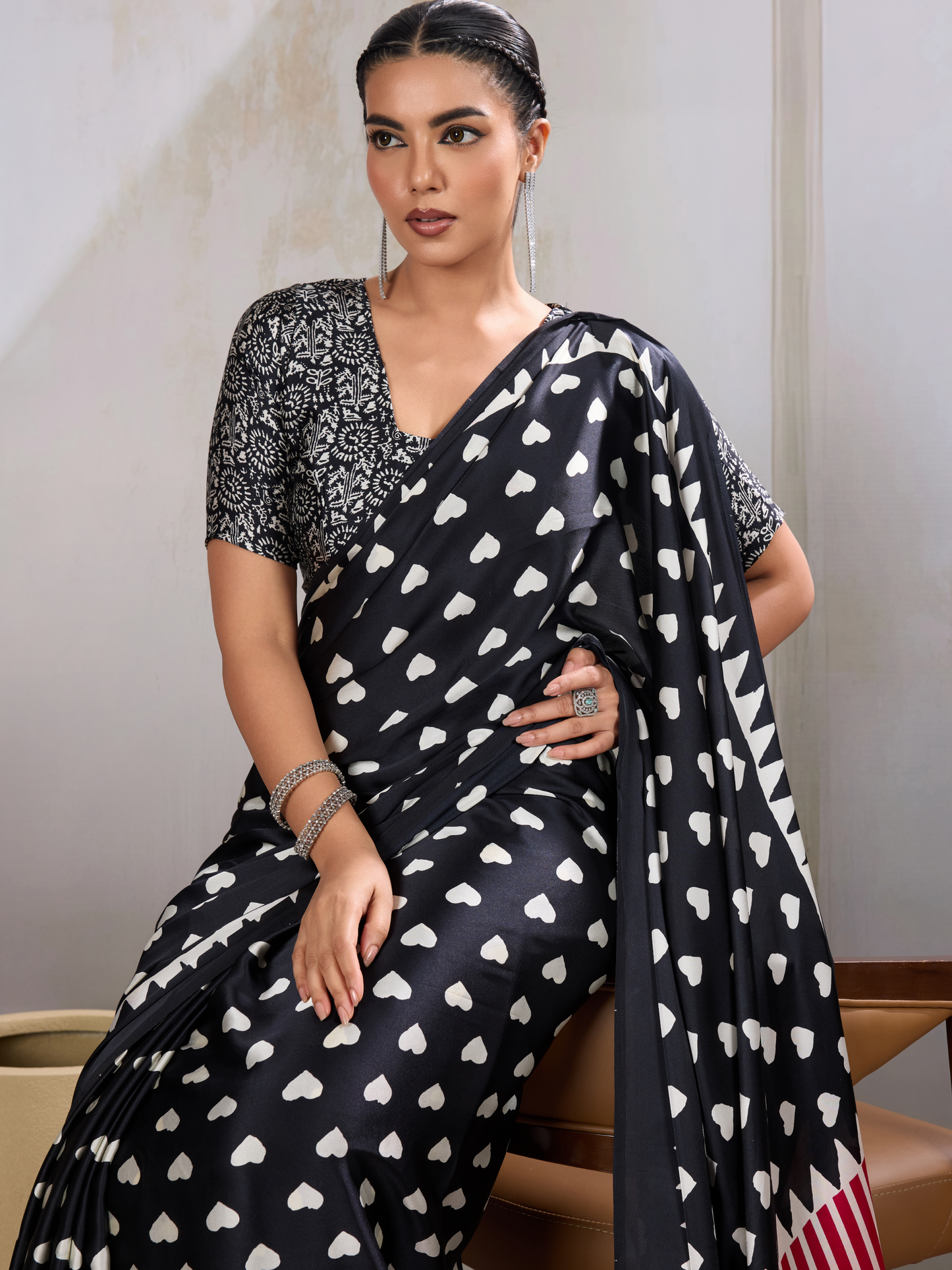 Ink Black Printed Satin Silk Saree