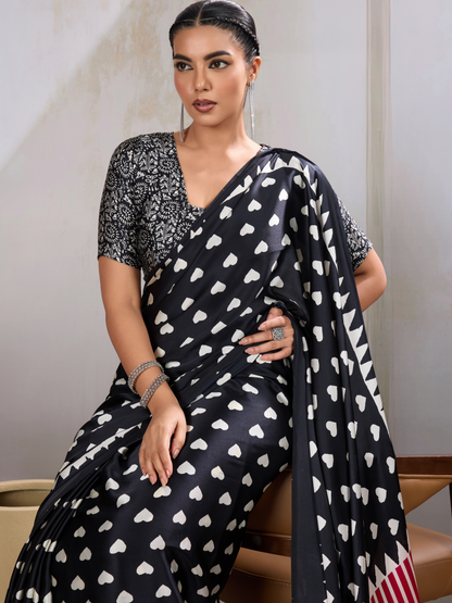 Ink Black Printed Satin Silk Saree