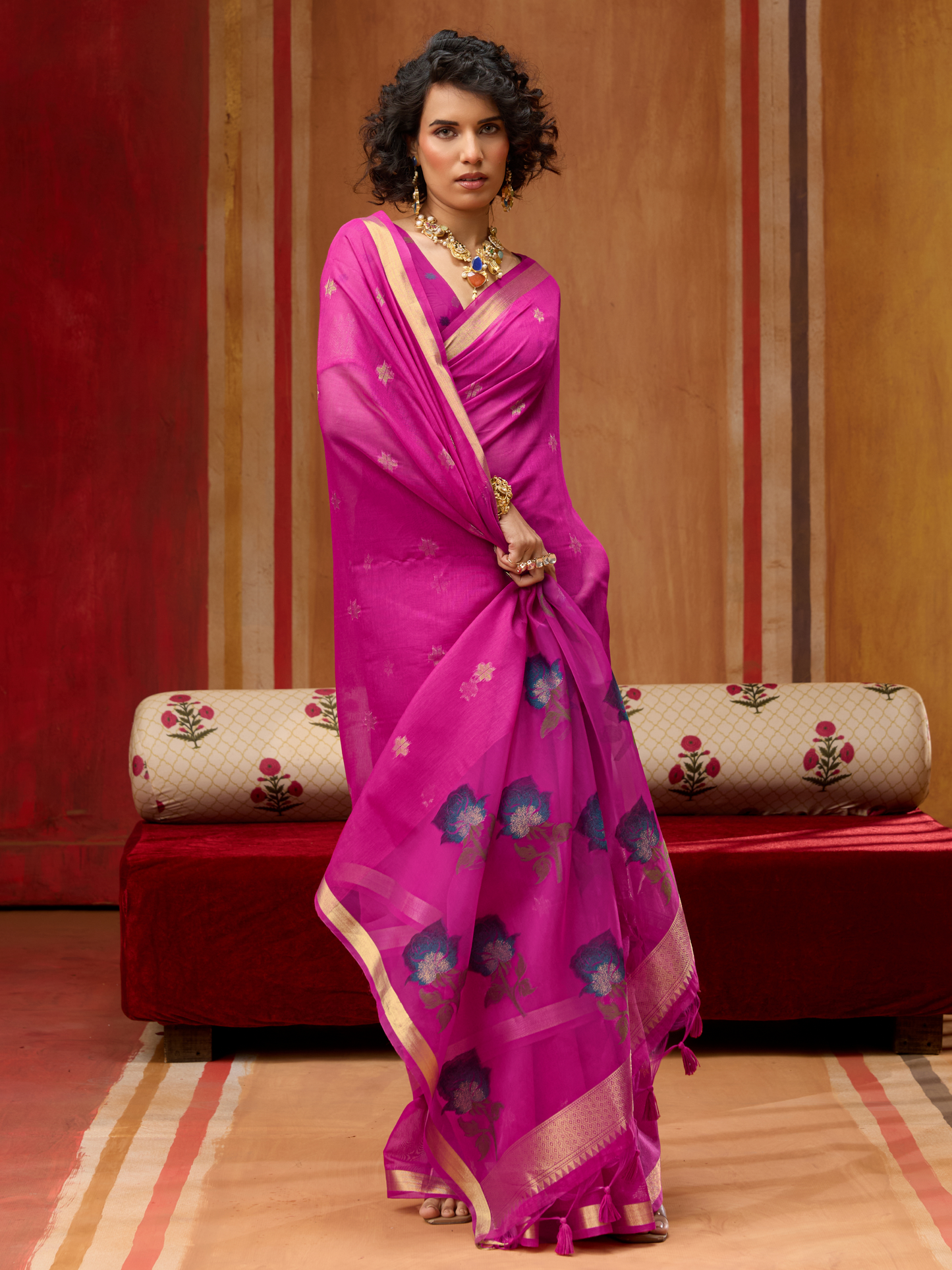 Steel Pink Spun Cotton Weaving Saree