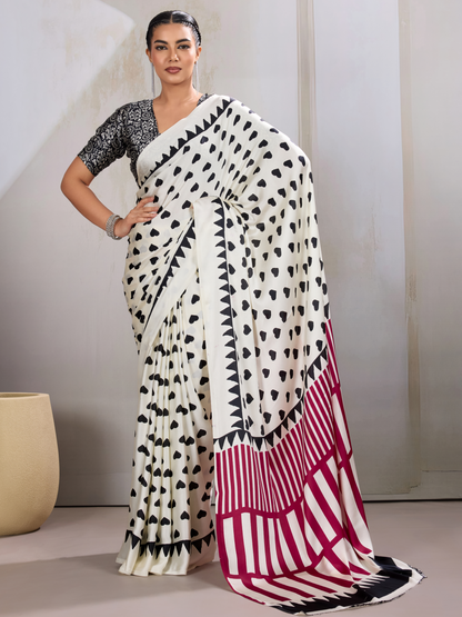 Snow White Printed Satin Silk Saree