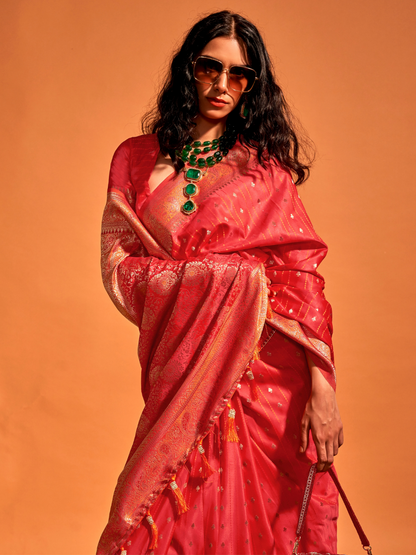 Cherry Red Banarasi Satin Silk Saree