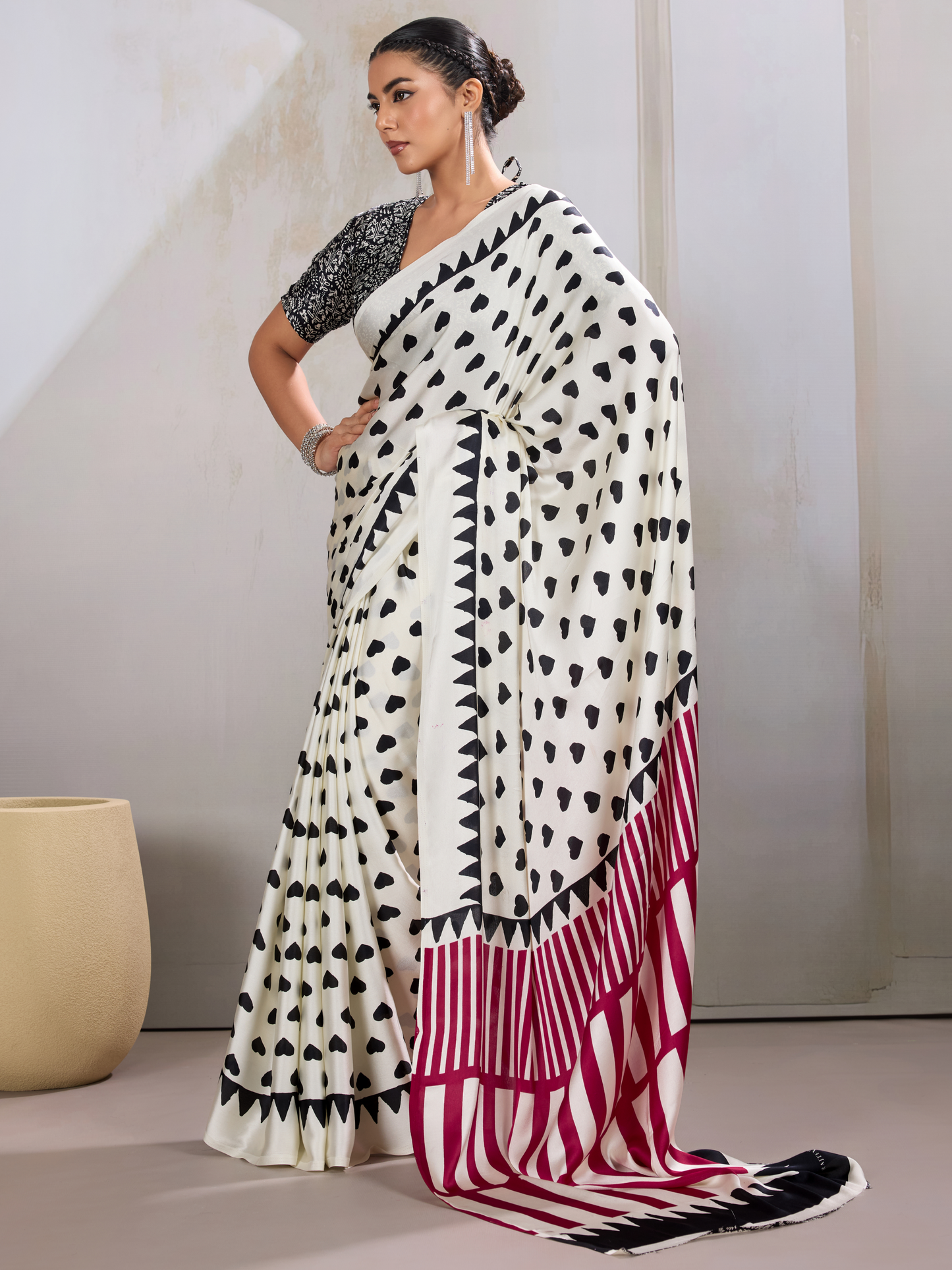 Snow White Printed Satin Silk Saree