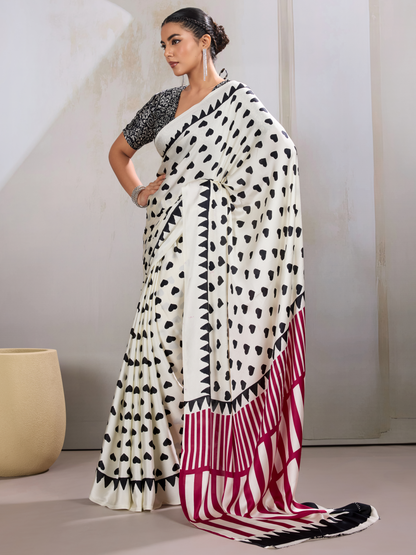 Snow White Printed Satin Silk Saree