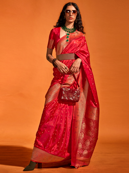 Cherry Red Banarasi Satin Silk Saree