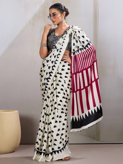 Snow White Printed Satin Silk Saree
