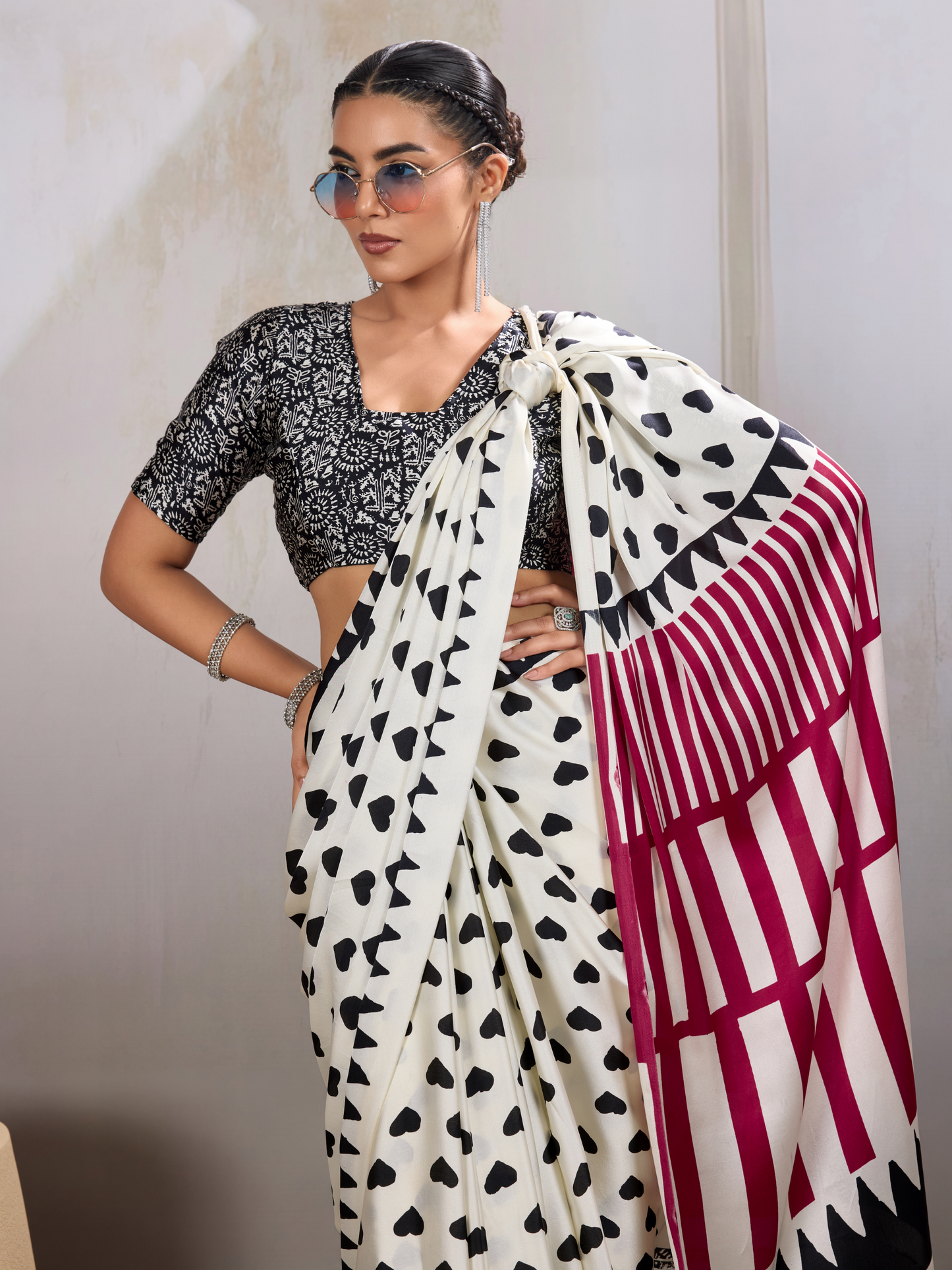 Snow White Printed Satin Silk Saree