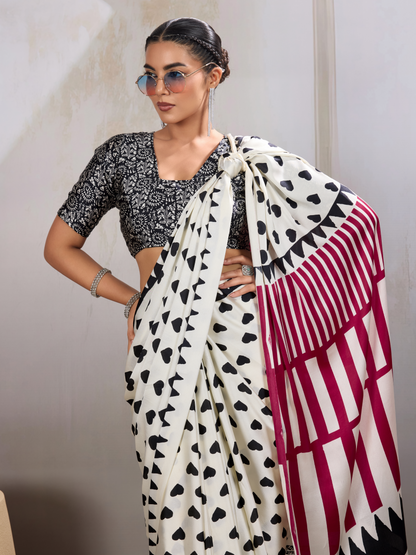Snow White Printed Satin Silk Saree