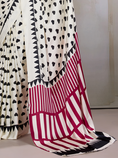 Snow White Printed Satin Silk Saree