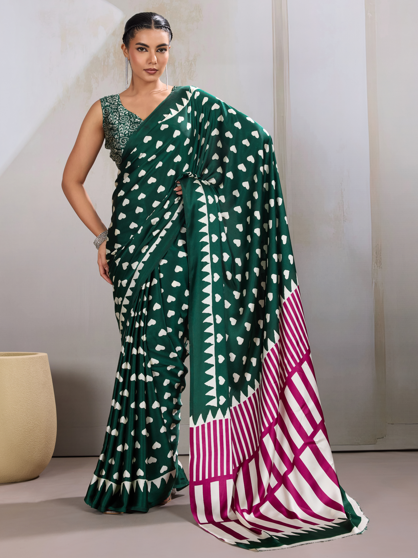 Jungle Green Printed Satin Silk Saree