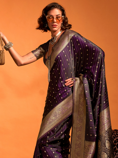 Dark Purple Banarasi Satin Silk Saree