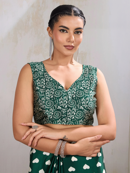 Jungle Green Printed Satin Silk Saree