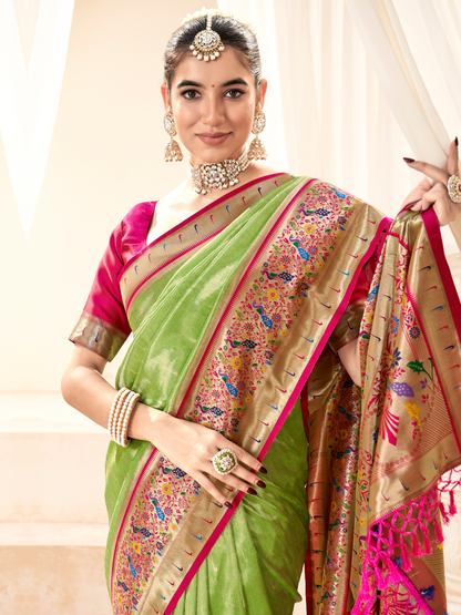 Parrot Green Woven Paithani Tissue Silk Saree