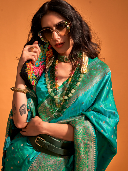 Ocean Blue Banarasi Satin Silk Saree