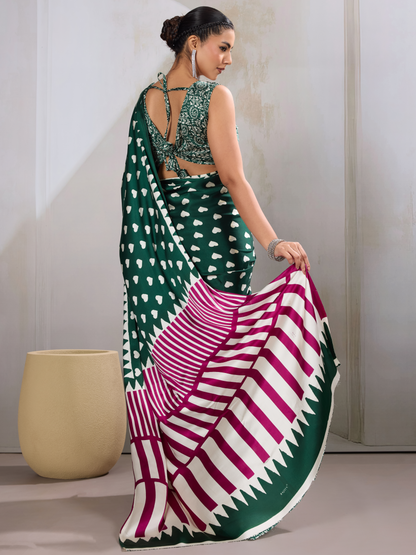 Jungle Green Printed Satin Silk Saree