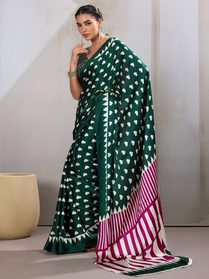 Jungle Green Printed Satin Silk Saree