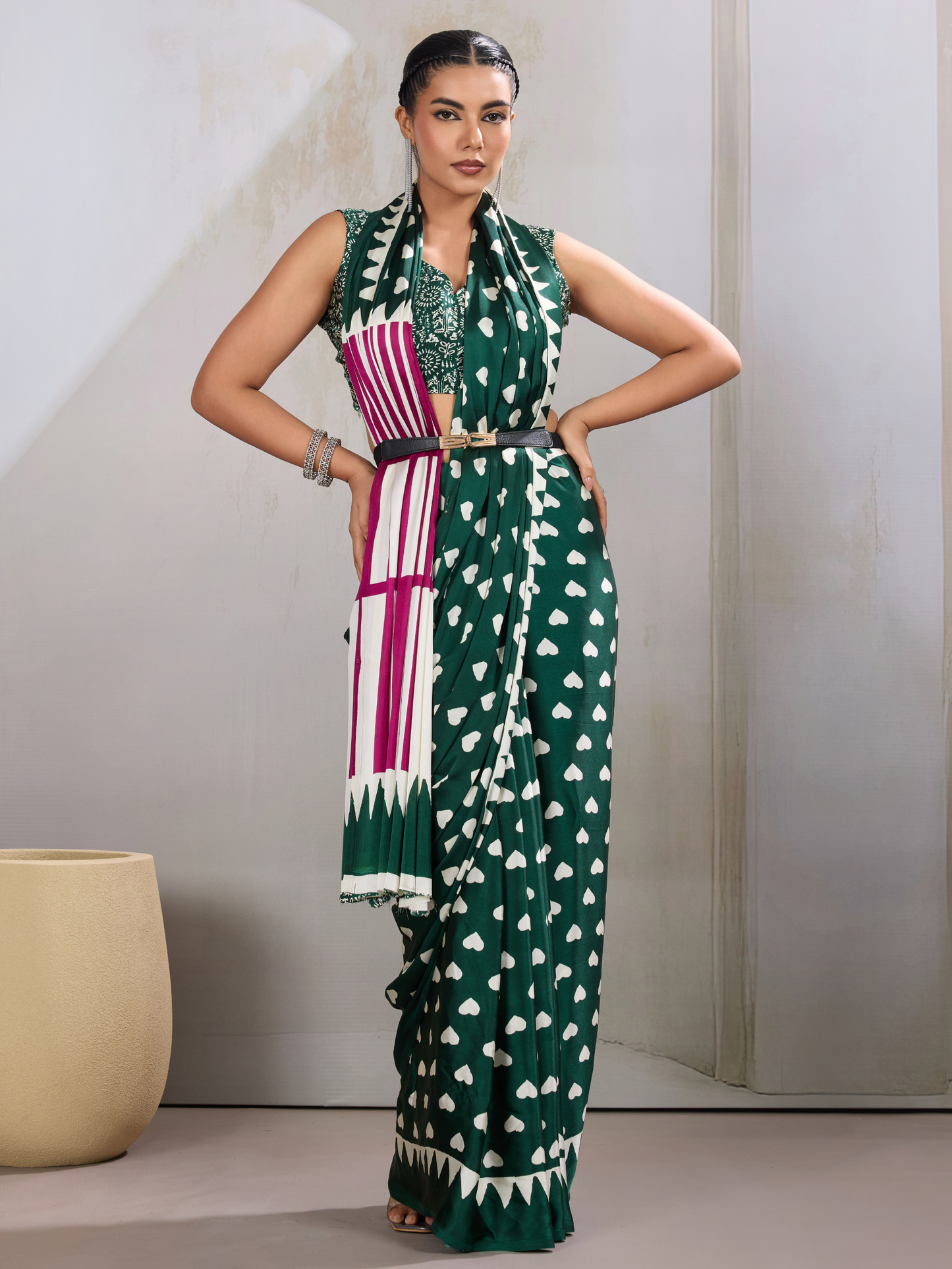 Jungle Green Printed Satin Silk Saree