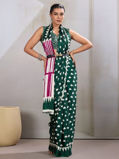 Jungle Green Printed Satin Silk Saree
