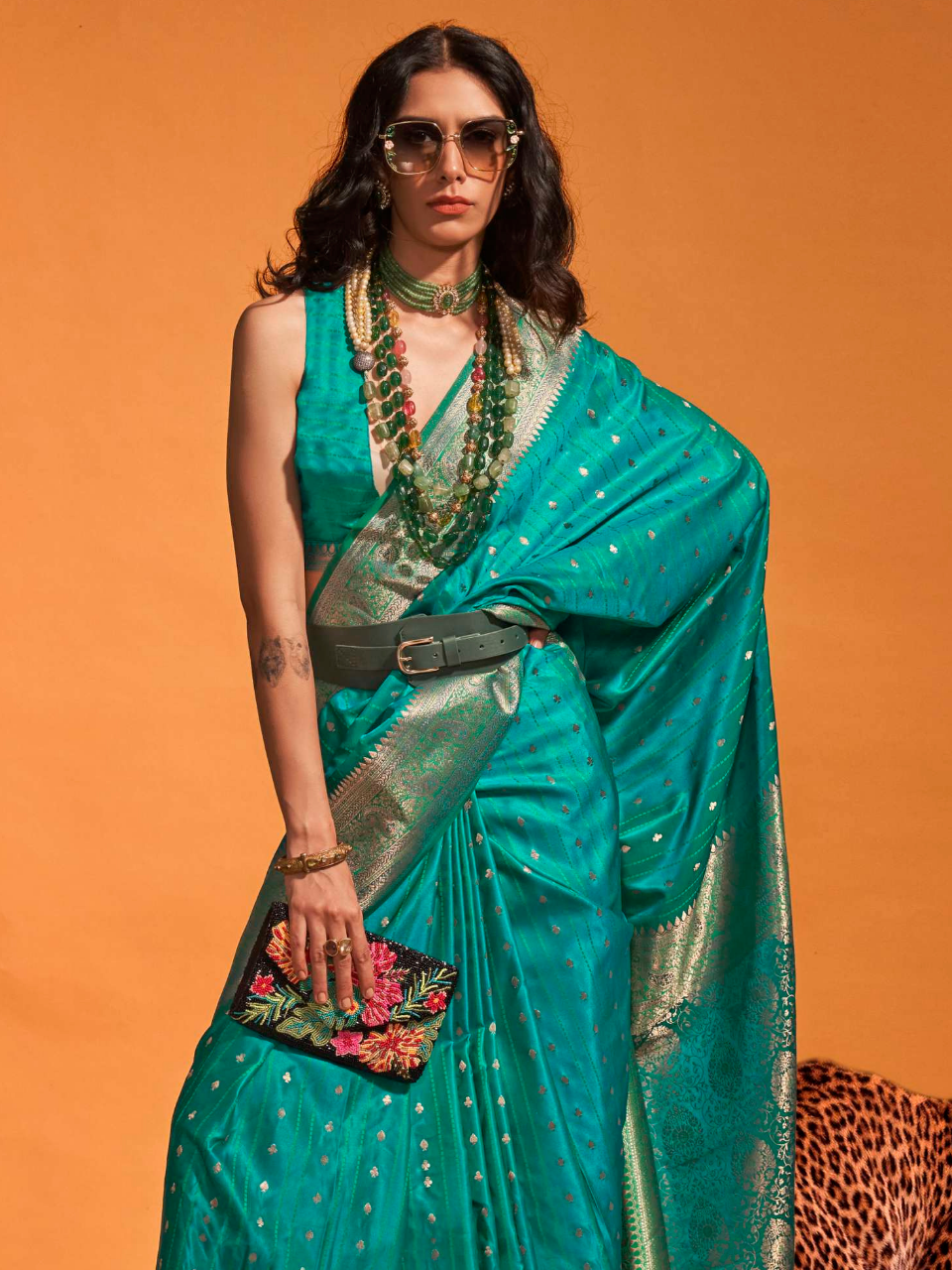 Ocean Blue Banarasi Satin Silk Saree