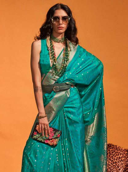 Ocean Blue Banarasi Satin Silk Saree