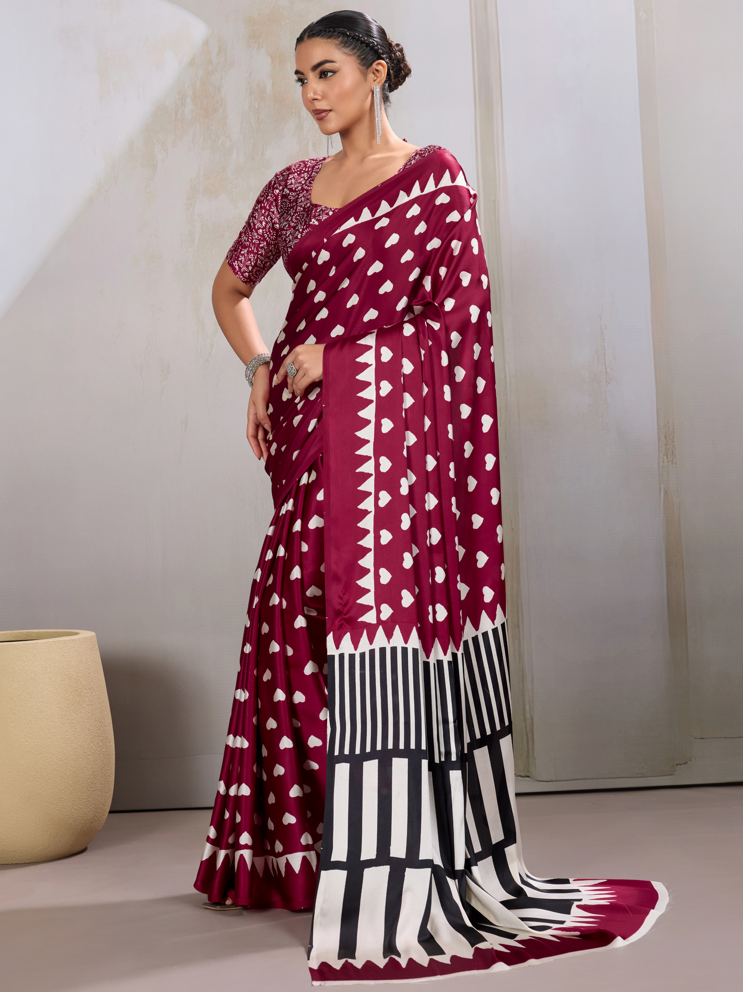 Royal Maroon Printed Satin Silk Saree