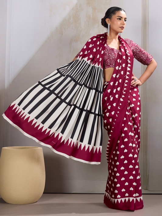 Royal Maroon Printed Satin Silk Saree