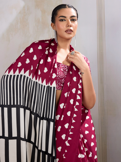 Royal Maroon Printed Satin Silk Saree