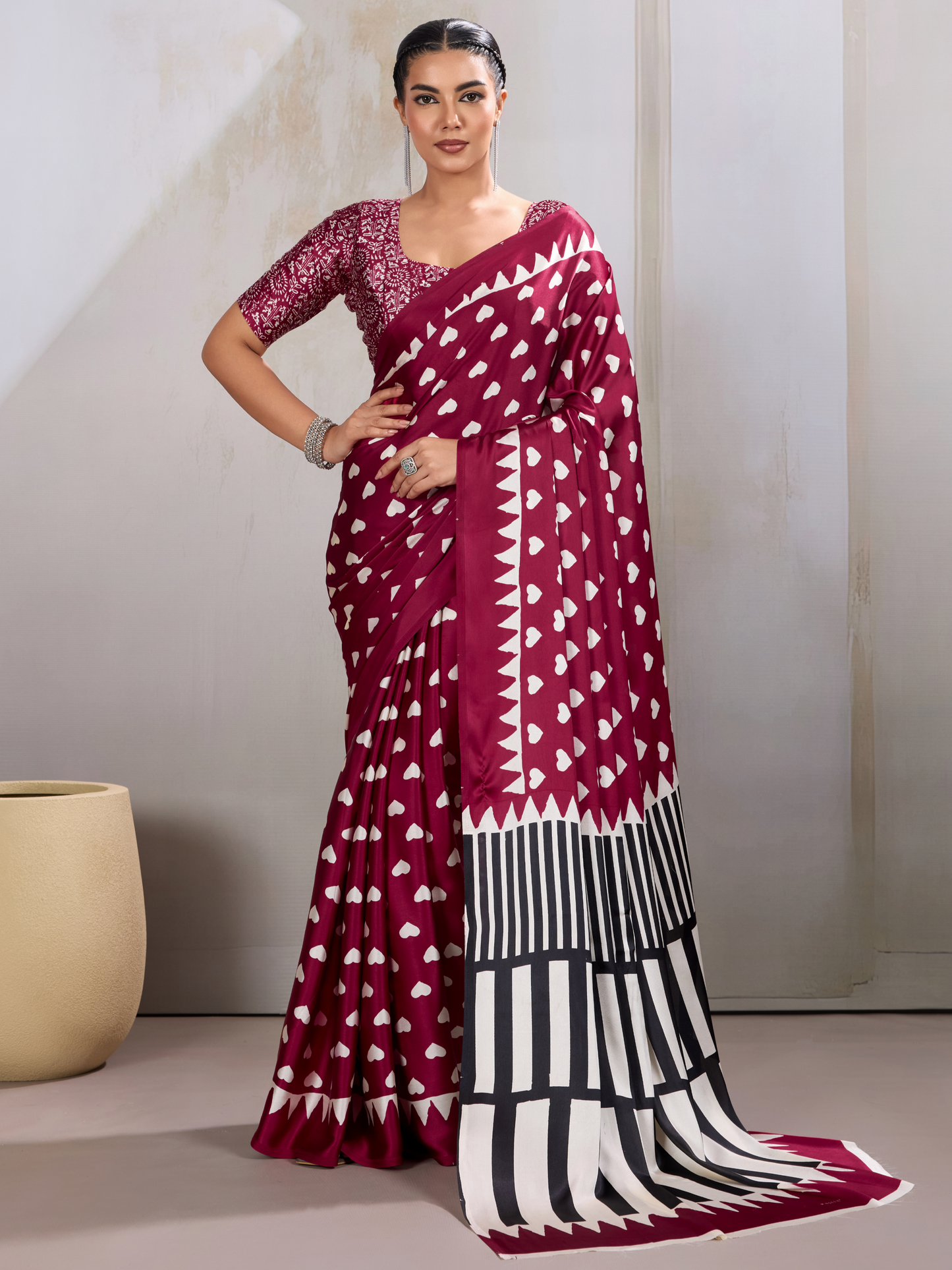 Royal Maroon Printed Satin Silk Saree