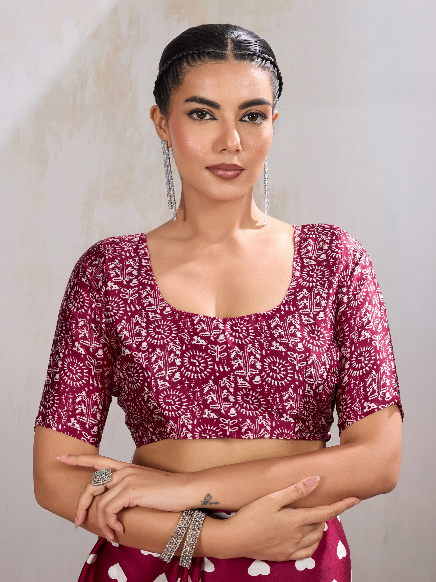 Royal Maroon Printed Satin Silk Saree