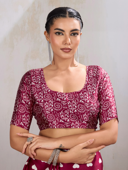 Royal Maroon Printed Satin Silk Saree
