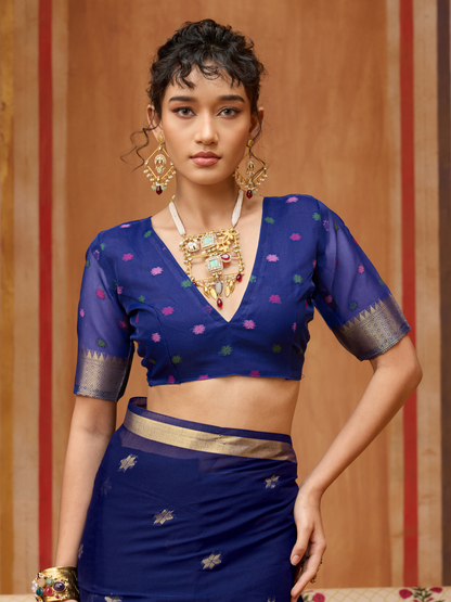 Ink Blue Spun Cotton Weaving Saree
