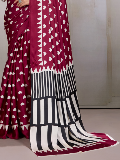 Royal Maroon Printed Satin Silk Saree