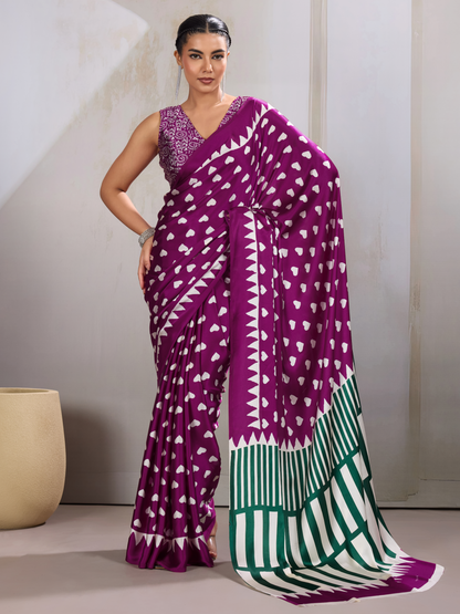 Byzantine Magenta Printed Satin Silk Saree