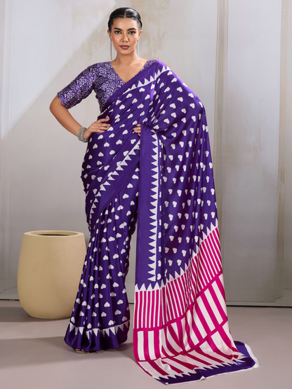 Festive Purple Printed Satin Silk Saree