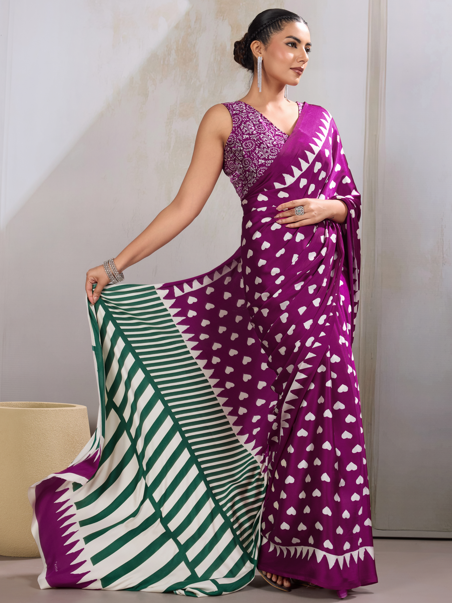 Byzantine Magenta Printed Satin Silk Saree