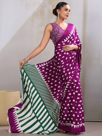 Byzantine Magenta Printed Satin Silk Saree