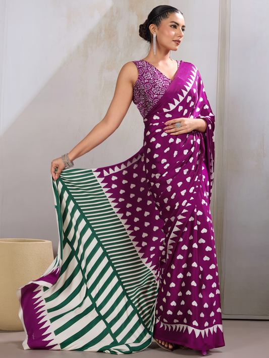 Byzantine Magenta Printed Satin Silk Saree