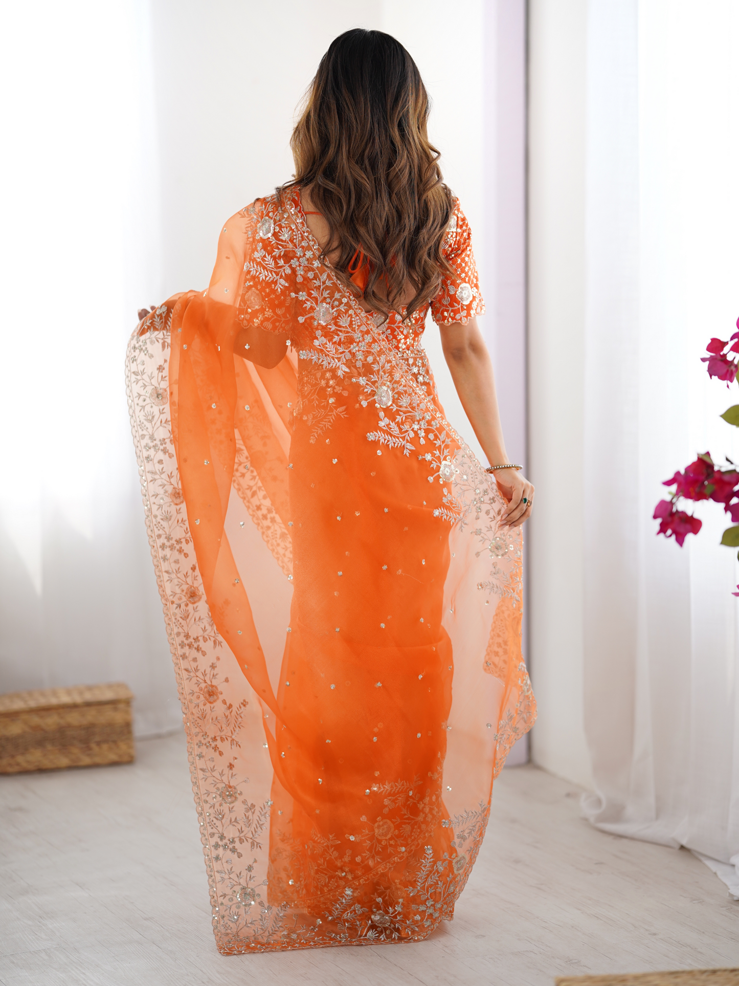 True Orange Embroidered Organza Silk Saree
