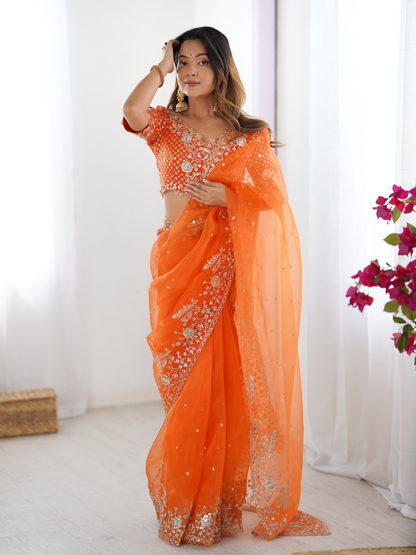 True Orange Embroidered Organza Silk Saree