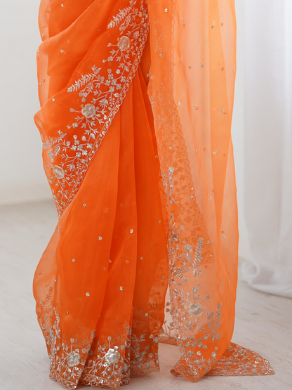 True Orange Embroidered Organza Silk Saree
