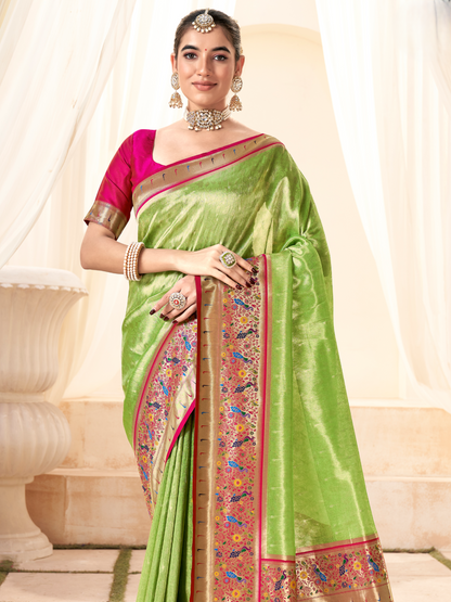 Parrot Green Woven Paithani Tissue Silk Saree