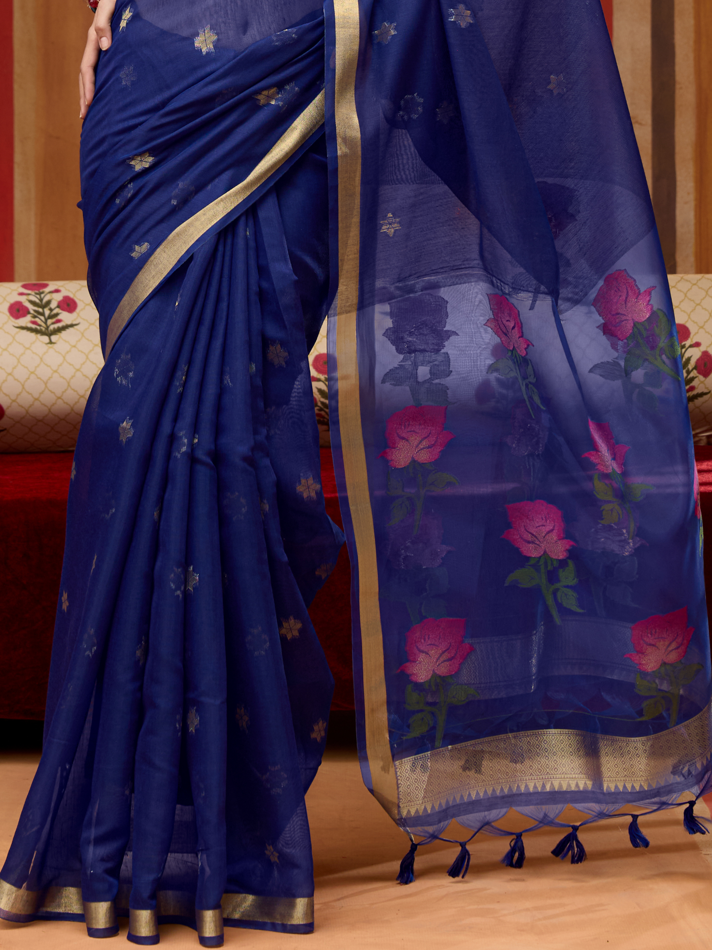Ink Blue Spun Cotton Weaving Saree