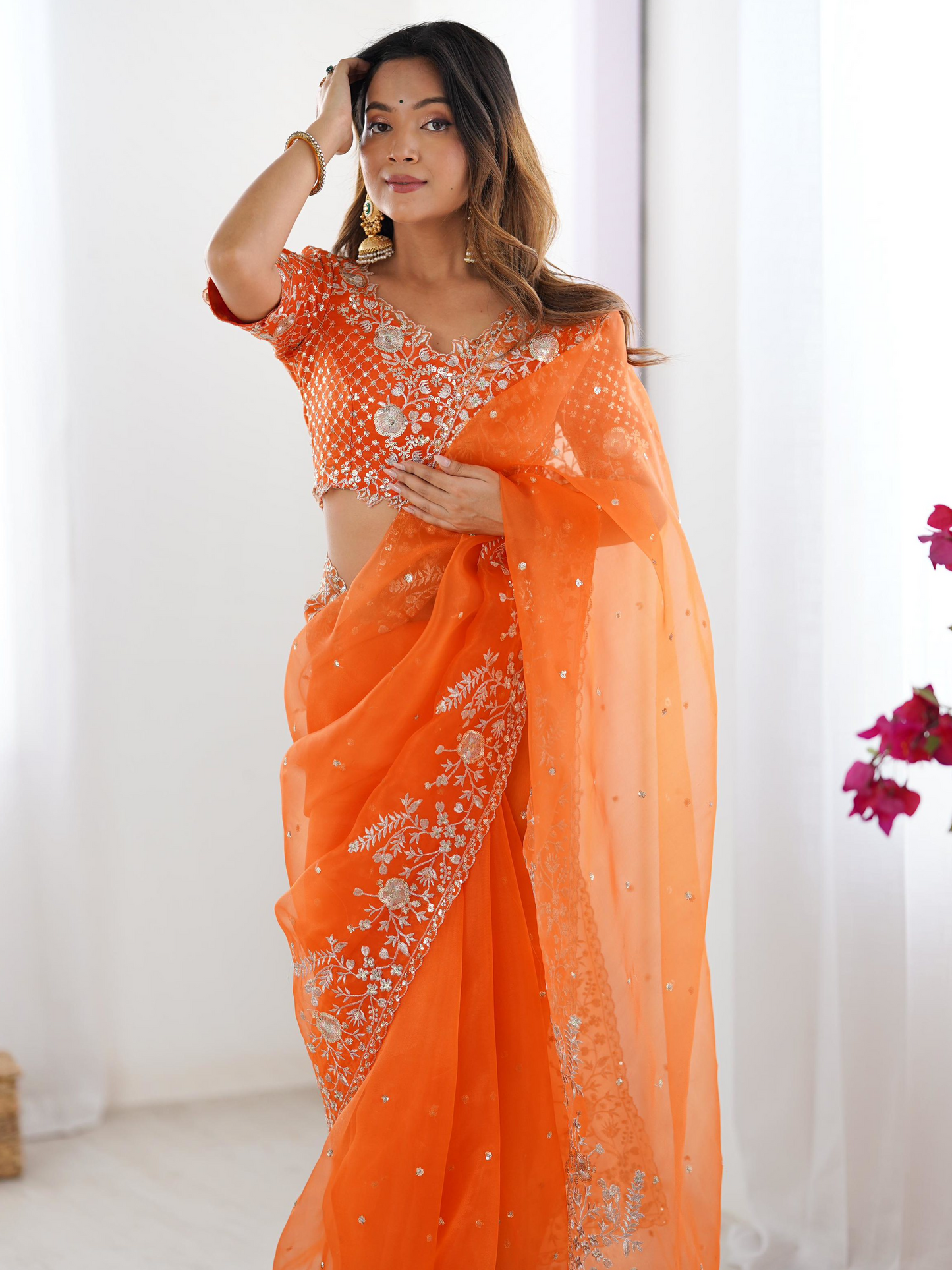 True Orange Embroidered Organza Silk Saree