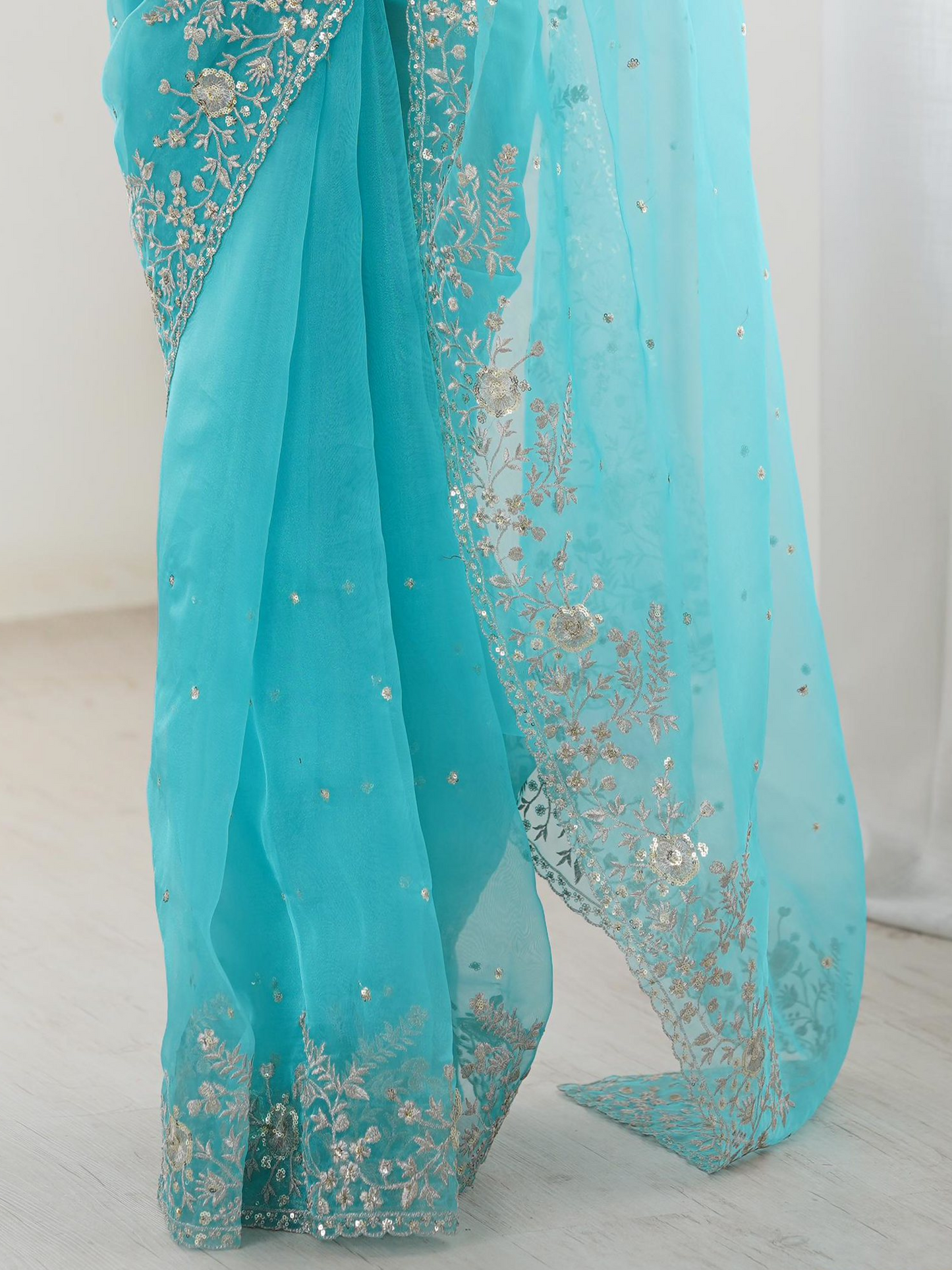 Winter Blue Embroidered Organza Silk Saree