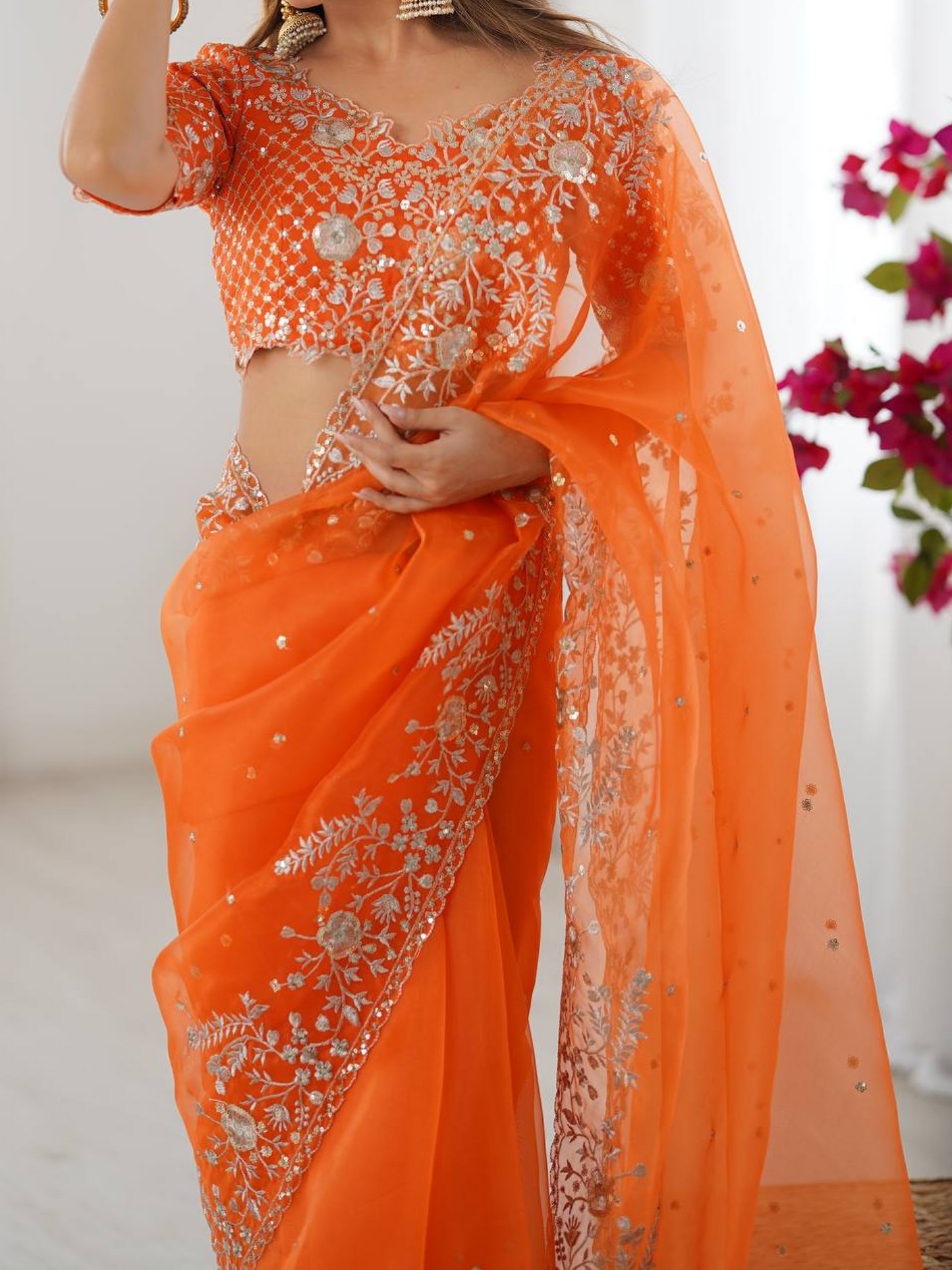 True Orange Embroidered Organza Silk Saree