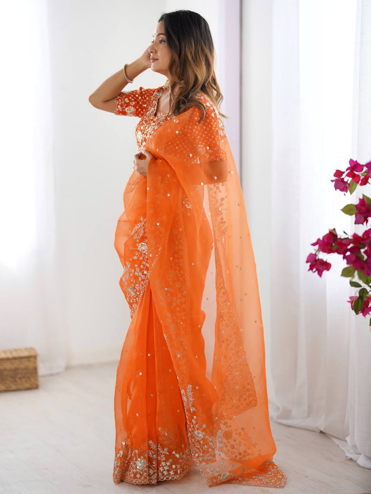 True Orange Embroidered Organza Silk Saree