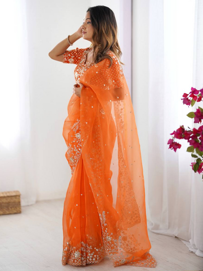 True Orange Embroidered Organza Silk Saree