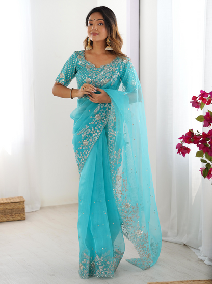 Winter Blue Embroidered Organza Silk Saree